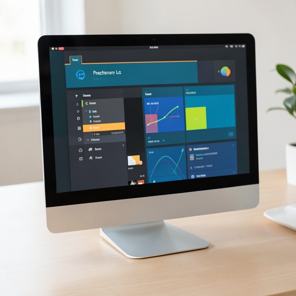 iMac desktop mockup showing a finance-focused website layout in cool navy colors